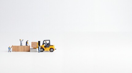 Fototapeta premium Miniature yellow forklift and industrial workers moving wooden blocks on a white background with large negative space on the right, concept of logistics, distribution, and teamwork.