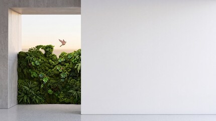 Fototapeta premium Minimalist Interior Design with Large Blank White Wall Mockup and Lush Vertical Garden Moss Wall on the Left Side featuring a Flying Bird and Negative Space for Copy on the Right side