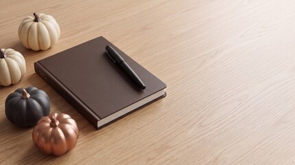 Fototapeta premium Brown 2026 planner notebook with a black pen and decorative pumpkins on a wooden desk background, featuring ample negative space on the right for autumn planning and seasonal marketing copy.