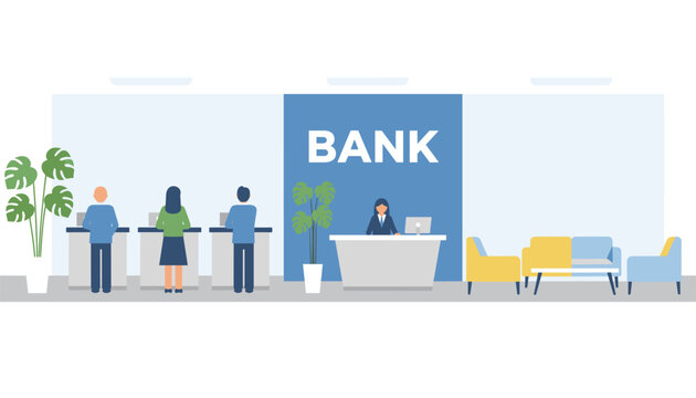 Clean and professional flat vector illustration of a bank interior showing customers at teller stations and a receptionist at the desk.