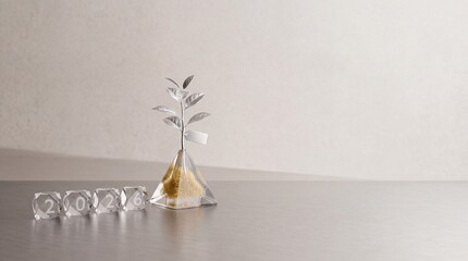 Fototapeta premium Conceptual Still Life of Year 2026 Represented by Crystal Cubes with a Silver Plant Growing from a Glass Pyramid Filled with Gold Sand, Minimalist Composition with Negative Space on the Right