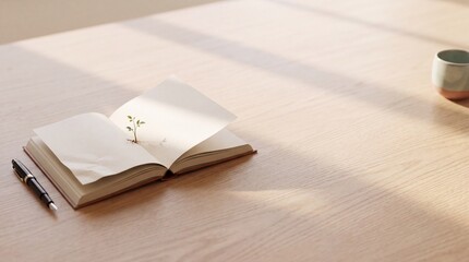 Fototapeta premium Small green plant seedling growing from an open blank notebook on a wooden desk with a pen and cup in soft natural sunlight, featuring large negative space on the right for copy and text.
