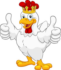 A chicken rooster cockerel bird cartoon character in a kings gold crown giving a double thumbs up © Christos Georghiou