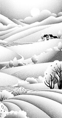 Naklejka premium Fields rolling hills and mountains farm landscape background illustration with countryside mountains, sunrise sun, clouds and trees. Original rural background drawing in vintage pointillism dot style