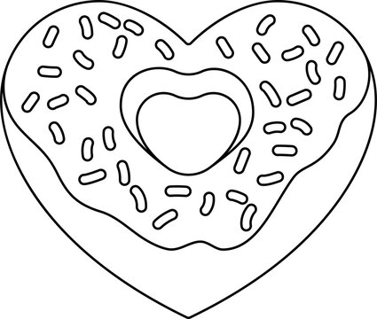 Love of donut concept illustration. Heart shaped donut with pink icing and sprinkles. Romantic sweet food image for Valentine themes, bakery menus, dessert blogs, cafe poster artwork design branding.
