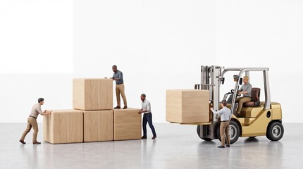 Fototapeta premium Miniature workers and a forklift driver organizing large wooden cubes in a clean warehouse environment, conceptualizing teamwork, logistics, supply chain management, and business scaling.