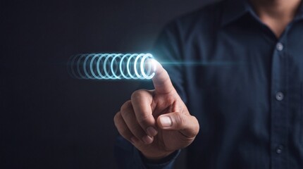 Fototapeta premium Businessman Touching Glowing Digital Circular Interface for Premium Commercial System Upgrade and Technology Innovation Concept on Dark Background