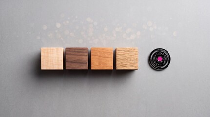Fototapeta premium Top Down View of Different Wooden Blocks Lined Up Beside a Global Target Icon on a Grey Background, Representing Business Growth, Strategic Planning, Diversity, and Global Achievement