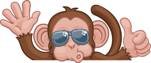 A monkey cool cartoon character animal wearing sunglasses peeking over a sign waving and giving a thumbs up. © Christos Georghiou