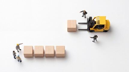 Fototapeta premium Top down view of miniature workers and a forklift moving wooden cubes on white background, representing logistics, warehouse management, supply chain, and industrial shipping concepts.