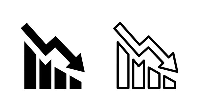 Set of solid and outline icons of a declining bar chart with arrow