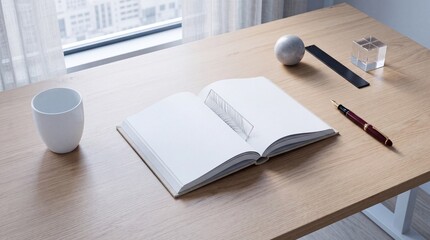 Fototapeta premium Minimalist wooden workspace featuring an open blank notebook, elegant fountain pen, white ceramic cup, and decorative geometric objects on a desk by a window with a soft city view background