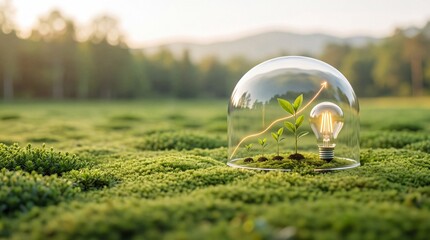 Fototapeta premium Conceptual image of young green sprouts and a light bulb growing under a glass dome with a rising orange arrow graph, representing sustainable investment, green energy, and environmental protection.