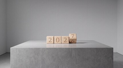 Fototapeta premium Minimalist New Year Concept Displaying Wooden Blocks Flipping from 2026 to 2027 on a Concrete Pedestal in a Clean Grey Studio Room, Wide Context for Business Planning and Future Success Goals