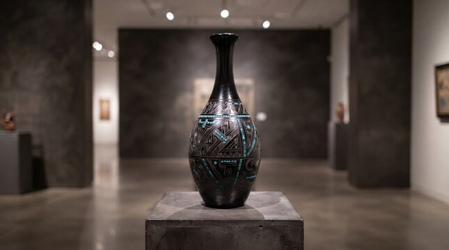 Native American pottery vase display in an art gallery with contemporary ambiance