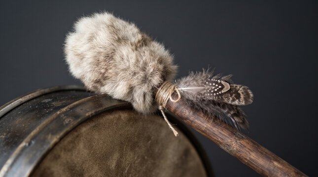 Indigenous drum with fluffy mallet and feathers on a dark background