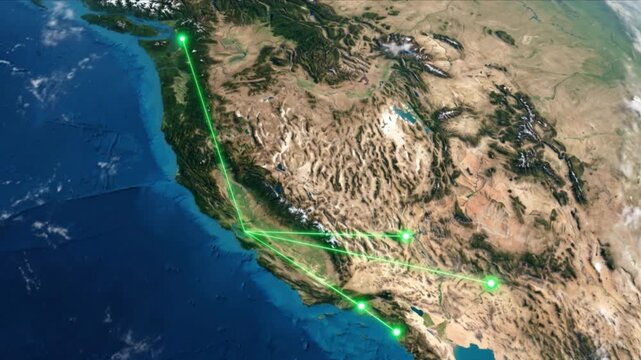 衛星視点のアメリカ西海岸に広がる光ファイバー通信ネットワークのCG