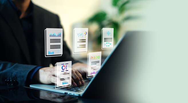 Professional typing on a laptop with virtual document and data analysis report icons. Concept of digital document management, business workflow automation, corporate reporting, and data analytics.