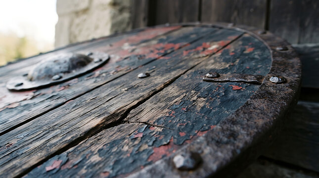 Cracked medieval wooden shield on a rustic background with detailed texture