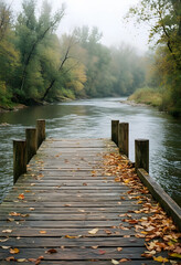 Fototapeta premium Mindfulness and mental health wooden pier on a calm river in autumn with fallen leaves for meditation solitude and connection with nature in fallen