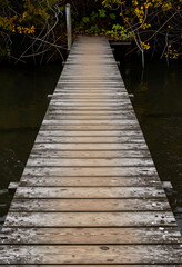 Fototapeta premium Solitude and mindfulness, wooden pier extending into calm dark water with autumn foliage for peaceful nature escape and quiet reflection in wilderness
