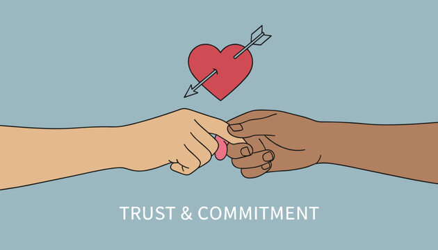 Diverse hands making a pinky promise, with a heart, arrow, and "TRUST & COMMITMENT" text, symbolizing love, loyalty, and relationships.