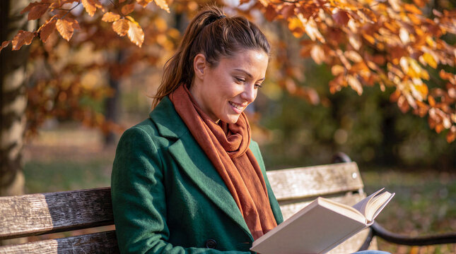 Woman in green coat and scarf reading book in autumn park
