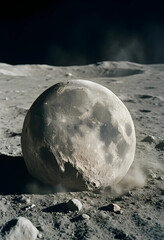 Fototapeta premium Space exploration and lunar mission, full moon sphere resting on the dusty surface of the moon with craters and dark cosmic horizon in the background