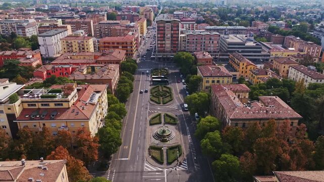 Aerial drone view of Fontana dei Due Fiumi in Modena, Italy