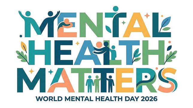 Mental health matters typography poster with people and floral elements colorful design