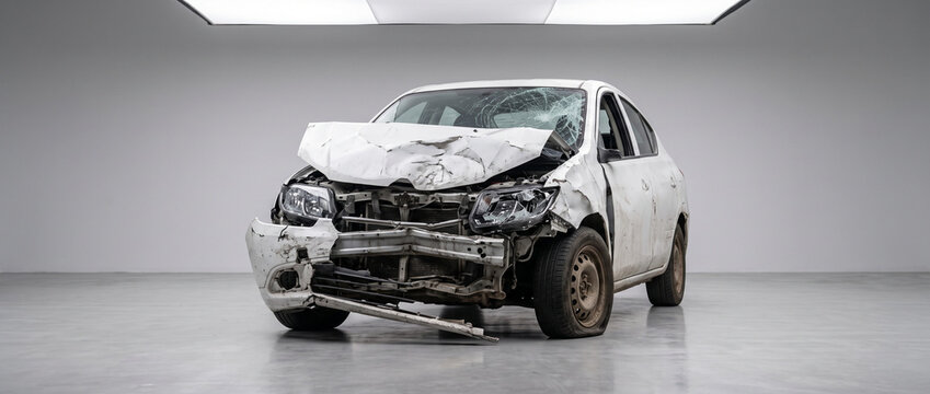 a severely damaged passenger car after a traffic accident, front view of a crashed white car, isolated on pure white background