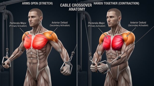 Cable Crossover Exercise Anatomy Diagram Comparing Arms Open Stretch and Hands Together Contraction