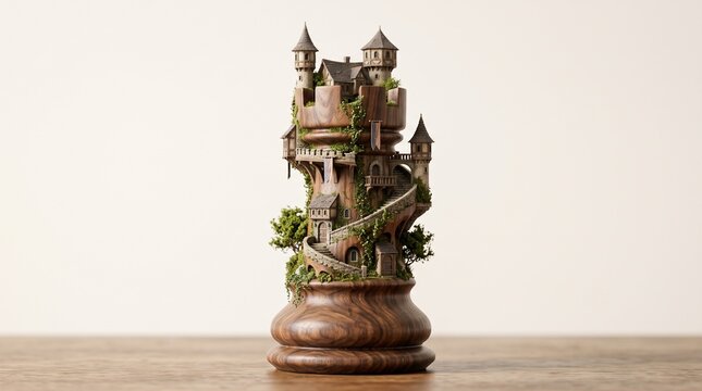 Surreal miniature castle rising from a wooden chess piece