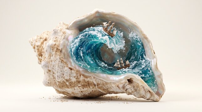 Surreal ocean wave and sailing ships contained inside a seashell