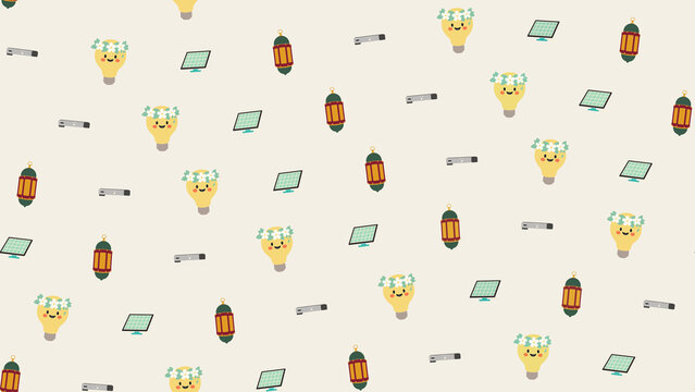 Cartoon pattern of light bulbs, solar panels, and lanterns