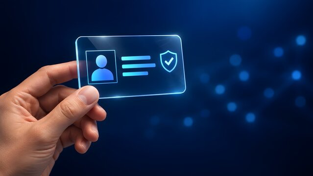 Hand holding digital glowing identification card with profile icon and security shield on dark blue background