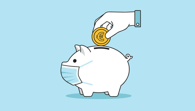 Hand putting a Euro coin into a white piggy bank wearing a protective medical mask, symbolizing pandemic-era savings or financial precautions.