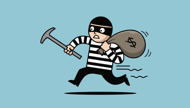 Cartoon thief wearing a black mask and striped shirt, running frantically with a bag of money and a crowbar, symbolizing crime and illegal activities.