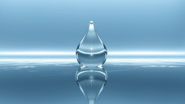 Clear waterdrop reflects light, creating symmetrical image. Blue tones dominate background, suggesting calmness, purity.