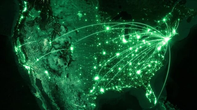 衛星視点のアメリカ本土上空に広がる航空路線ネットワークのCG映像