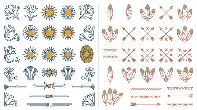 A collection of diverse graphic design elements featuring ancient Egyptian and tribal motifs, including flowers, suns, feathers, arrows, and decorative borders.