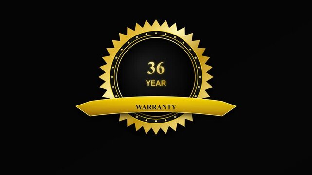 36 year warranty golden seal badge animation on black background, luxury guarantee emblem warranty badge