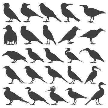 Silhouettes of various birds standing and perched in rows are displayed against a plain transparent background to create a comprehensive reference guide for wildlife enthusiasts and artists.