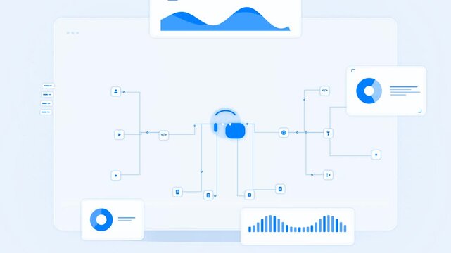 Abstract digital flowchart animation with data analytics, pie charts, and waveform graphs on blue background, for corporate technology, and business intelligence presentations