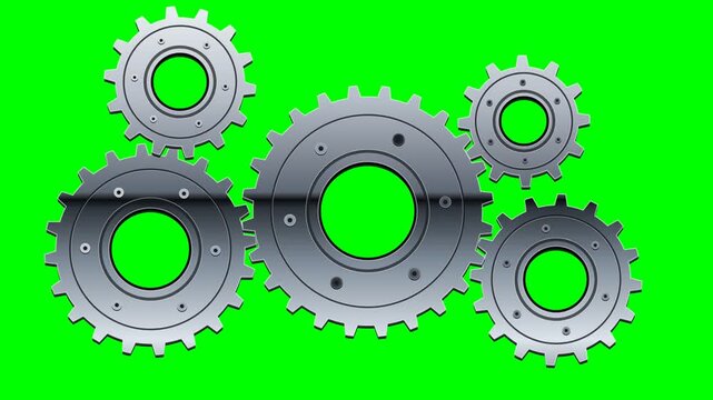Metallic Rotating Gears and Interlocking Cogwheels on Green Screen Background for Compositing, Industrial Mechanism Animation for Teamwork and Engineering Concept Projects
