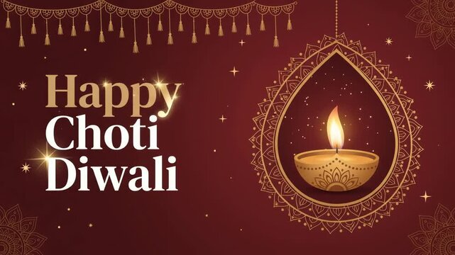 Diya oil lamp glowing inside an ornate teardrop frame on a deep red background with traditional patterns celebrating the Choti Diwali festival holiday event.