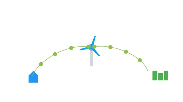 Animated glassmorphism sustainable energy vector showing wind turbines and solar panels powering modern green city