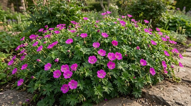 Blooming pink bloody cranesbill perennial flowers growing on hardy green foliage bush in rock garden flowerbed, representing cranesbill geranium, landscape gardening, outdoor botanical ground cover pl