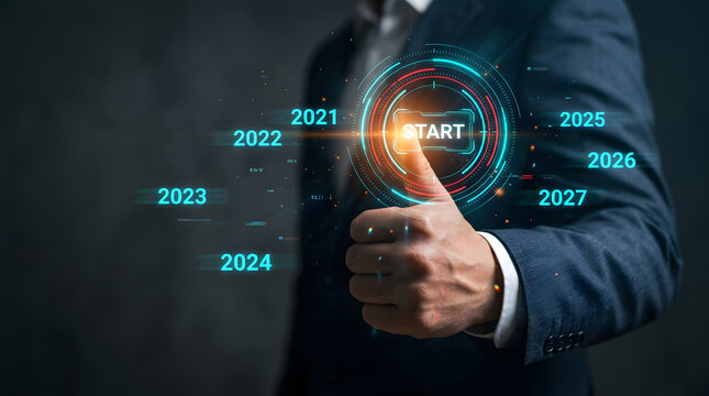 Businessman Pressing Virtual Start Button With Timeline Graphics