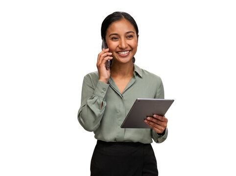 Smiling southeast asian businesswoman talking on phone and tablet